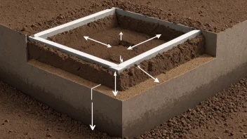 En illustrasjon av en bygning's fundament, som viser kreftene som virker på jorden og bygningens vekt.