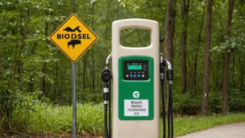 En drivstoffpumpe med en skilt som sier 'biodiesel' i et grønt og naturlig miljø