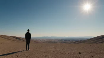 En person som står foran et stort, åpent landskap med en klar blå himmel.