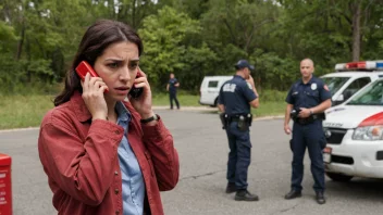 En person i en krisesituasjon, med en rød telefon og et nødrespons-team i bakgrunnen.