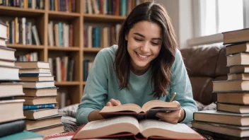 En person som leser en bok med et smil på ansiktet, omgitt av bøker og komfortable lesematerialer.