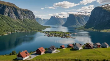 Et pittoreskt landsby i Norge med tradisjonelle hus og en storslagen natur.