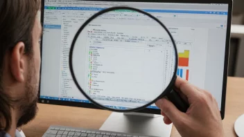 En person som analyserer data på en dataskjerm med et forstørrelsesglass, som illustrerer en detaljert undersøkelse av en bestemt del av et større hele.