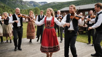 Folk som danser hallingspringar, en tradisjonell norsk dans.