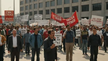 En gruppe arbeidere i streik, som protesterer mot arbeidsforholdene eller lønnen sin.