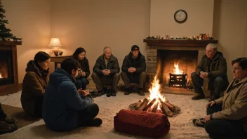 Et koselig hjellehjem med mennesker samlet rundt en peis, på flukt fra en snøstorm.