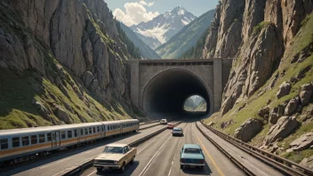 En tunnel gjennom et fjell, med en vei og en jernbane som passerer gjennom.