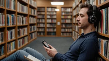 En person som lytter til en lydbok på telefonen sin, omgitt av et stort bibliotek av lydbøker.