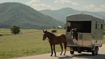 En hest som transporteres i en tilhenger, med et naturskjønt landskap i bakgrunnen.