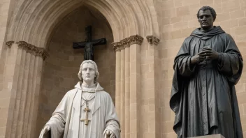 En luthersk kirke med et fremtredende kors og en statue av Martin Luther