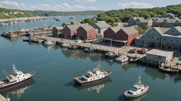 Et bilde av en havn med skip og båter, med fokus på havneledelsens kontor i bakgrunnen.