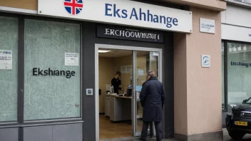 En valutavekslingskontor med en skilt som leser 'Ekschange' på norsk.