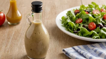 En flaske salatdressing på et bord med en grønn salat i bakgrunnen