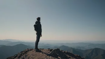 En person som står alene på et fjelltopp, med et diskret smil på ansiktet, som uttrykker en følelse av uavhengighet og frihet.