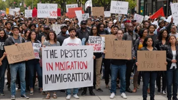 En gruppe mennesker som protesterer mot innvandring med skilt og bannere.