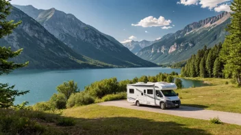 En motorhome parkert i et vakkert landskap med fjell og en innsjø i bakgrunnen.