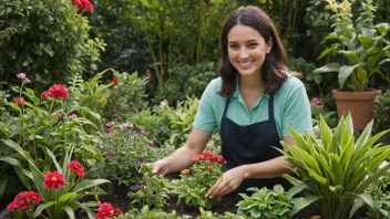 En person som passer en hage med ulike planter og blomster.