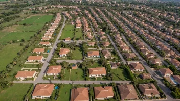 Flyfoto av et boligområde med tomter og hus