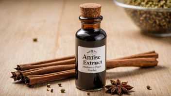 En flaske anisaroma med noen anisfrø og et bakverk i bakgrunnen