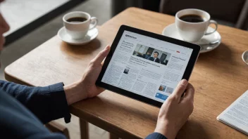 En person leser nyheter på sin tablet med en kopp kaffe i bakgrunnen