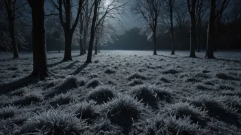 Et frostdekt landskap om natten, med frost på bakken og trærne.