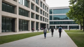 En moderne universitetsbygning med studenter som går i forgrunnen