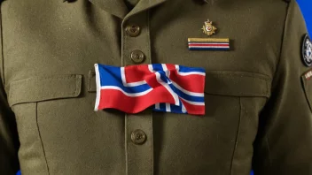 En norsk militær uniform med flagg i bakgrunnen.