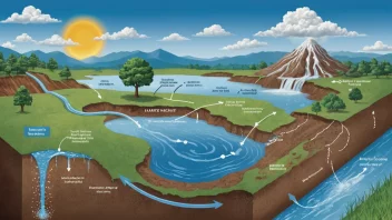 Et bilde som viser de forskjellige stadiene i vannets kretsløp, med overflatevannføring som en nøkkelkomponent.