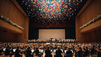 En festlig konsert med et symfoniorkester som spiller musikk, konfetti og ballonger i luften, og et jublende publikum som applauderer.