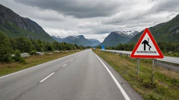 Et veiparti med et vedlikeholdsskilt, omgitt av norske fjell og skoger.