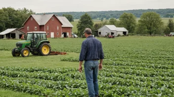 En farmand som arbeider i et felt med en traktor og et gårdshus i bakgrunnen