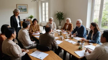 En gruppe mennesker fra ulike aldersgrupper og bakgrunner samlet rundt et bord, diskuterer og planlegger for en bærekraftig fremtid.