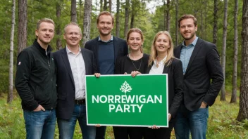 En gruppe mennesker som holder et skilt med logoen til Miljøpartiet, med en grønn bakgrunn og noen trær i forgrunnen.