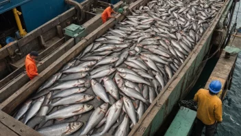 En stor last med fisk som blir losset fra et skip eller lagret på en kai.