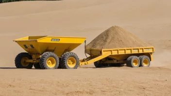 En sandtilhenger festet til en traktor, med en haug med sand i bakgrunnen.