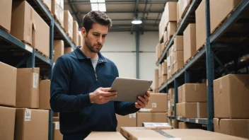 En frakthandler i et lager eller en logistikksenter, omgitt av pakker og bokser, med en datamaskin eller en nettbrett i hånden, ser travel og fokusert ut.