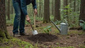 En person som planter et tre i en skog.