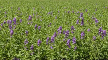 En åker med alfalfa-planter med lilla blomster.