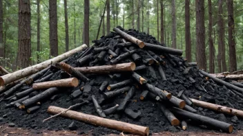 En stor haug med svart trekull i en skog, med noen logger og greiner spredt rundt det.