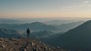 En person som står alene på et fjelltopp, med et stort landskap bak dem.