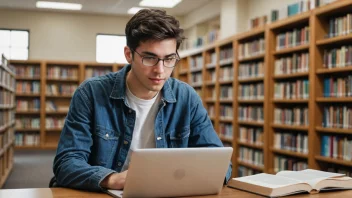 En person som studerer i et bibliotek med bøker og en laptop.