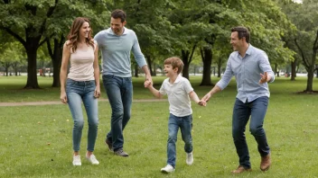 En familie med to voksne og to barn som leker sammen i en park