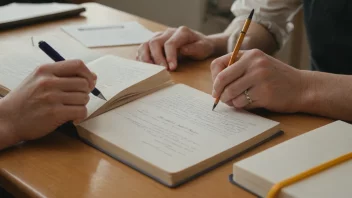 En person sitter ved et skrivebord med en bok og en notatbok, og skriver ned en litteraturhenvisning.