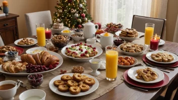 Et festlig frokostbord med en rekke mat, drikke og dekorasjoner