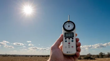 En person tar en værmåling med en solfylt himmel i bakgrunnen.