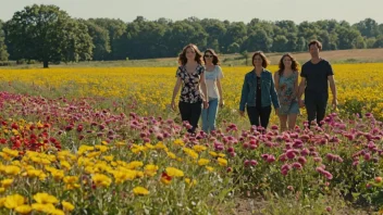 En gruppe mennesker på blomsterutflukt, går i en mark med fargerike blomster på en solrik dag