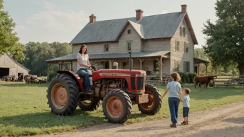 En familie på fire som står foran en gård, med en traktor og dyr i bakgrunnen.