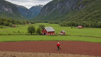 Et pittoreskt norsk gårdslandskap med en rød låve og en bonde som arbeider i åkeren, symboliserer forbindelsen mellom landet og bondens blod.