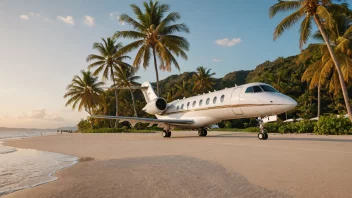 Et luksuriøst feriested med et privatfly i bakgrunnen, et 5-stjerners hotell i midten og en vakker strand i forgrunnen.