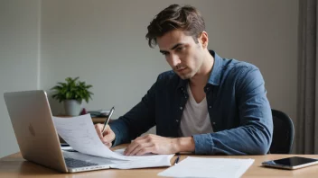 En person som sitter ved et skrivebord med en laptop og papirer, og ser motivert og fokusert ut.